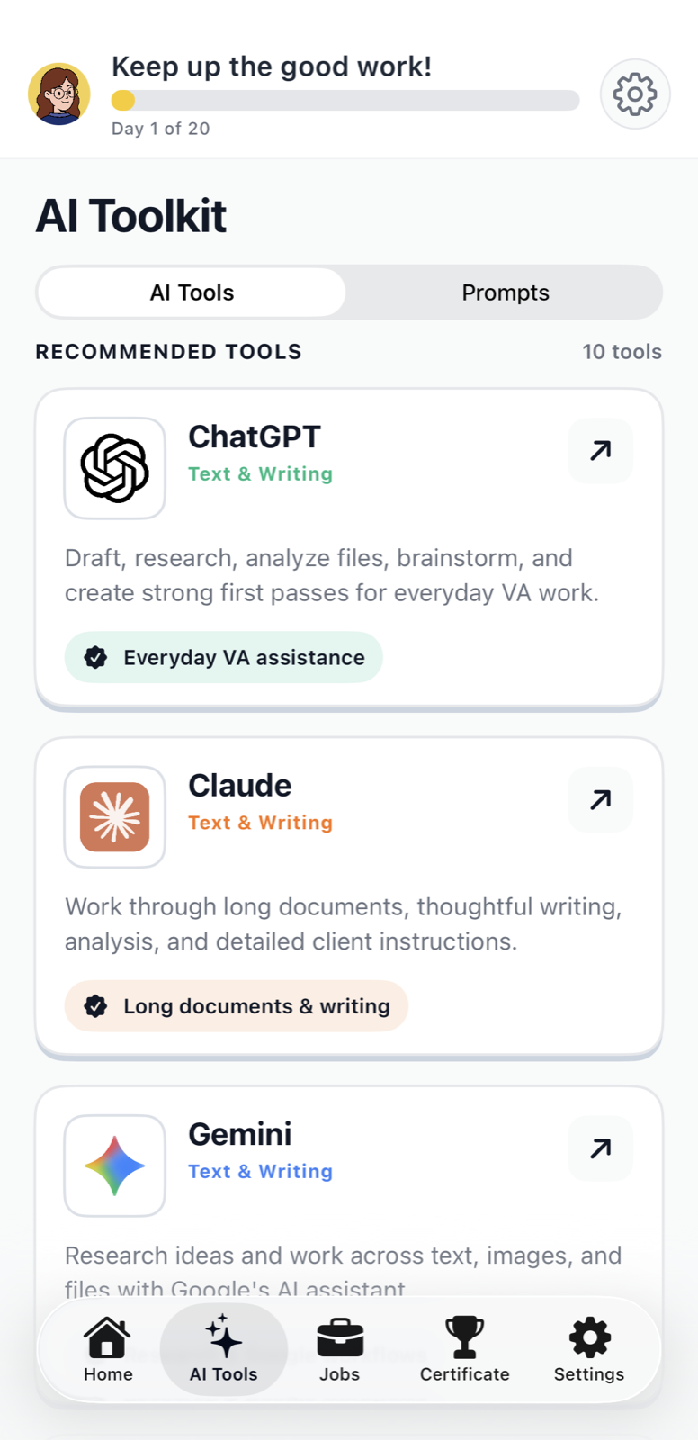 Curated AI tools for virtual assistants