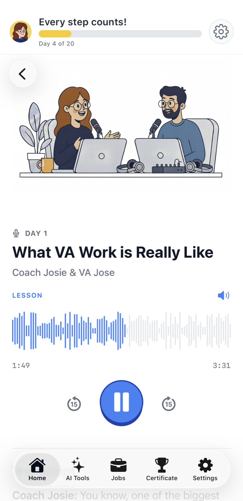 Conversation-style audio lesson in Josie AI Lite